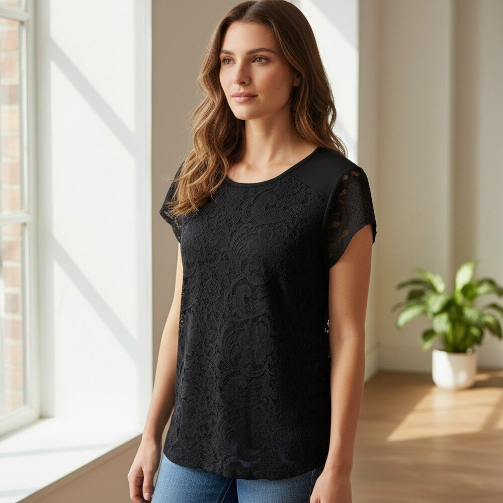 Chicos Size 1 Small Black Lace Floral Short Sleeve Round Neck Zip Back Top Shirt